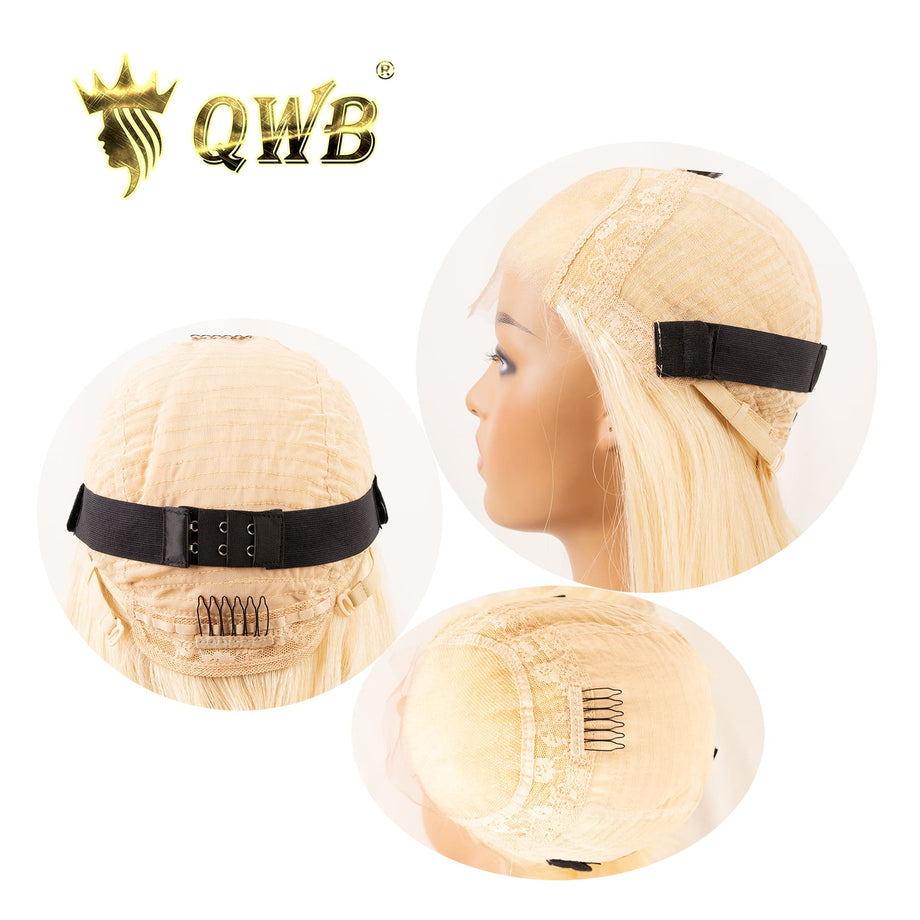 QWB 613 Blonde Straight 4X4 HD Closure Bob Wig 150 Density Remy